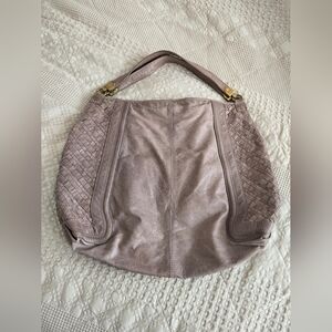 Elliott Lucca Mushroom Leather Hobo Bag with woven leather detail